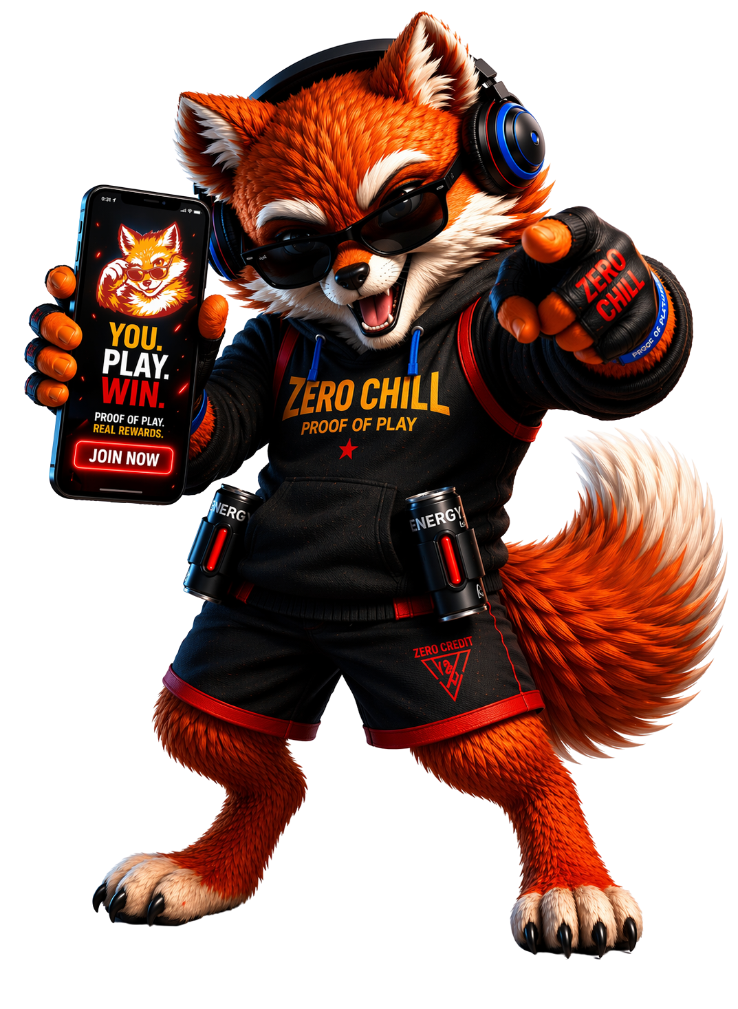 Zero Chill mascot — a gaming fox in headphones holding a phone